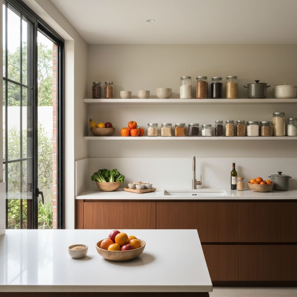 Clean minimalist kitchen with natural ingredients on shelves
